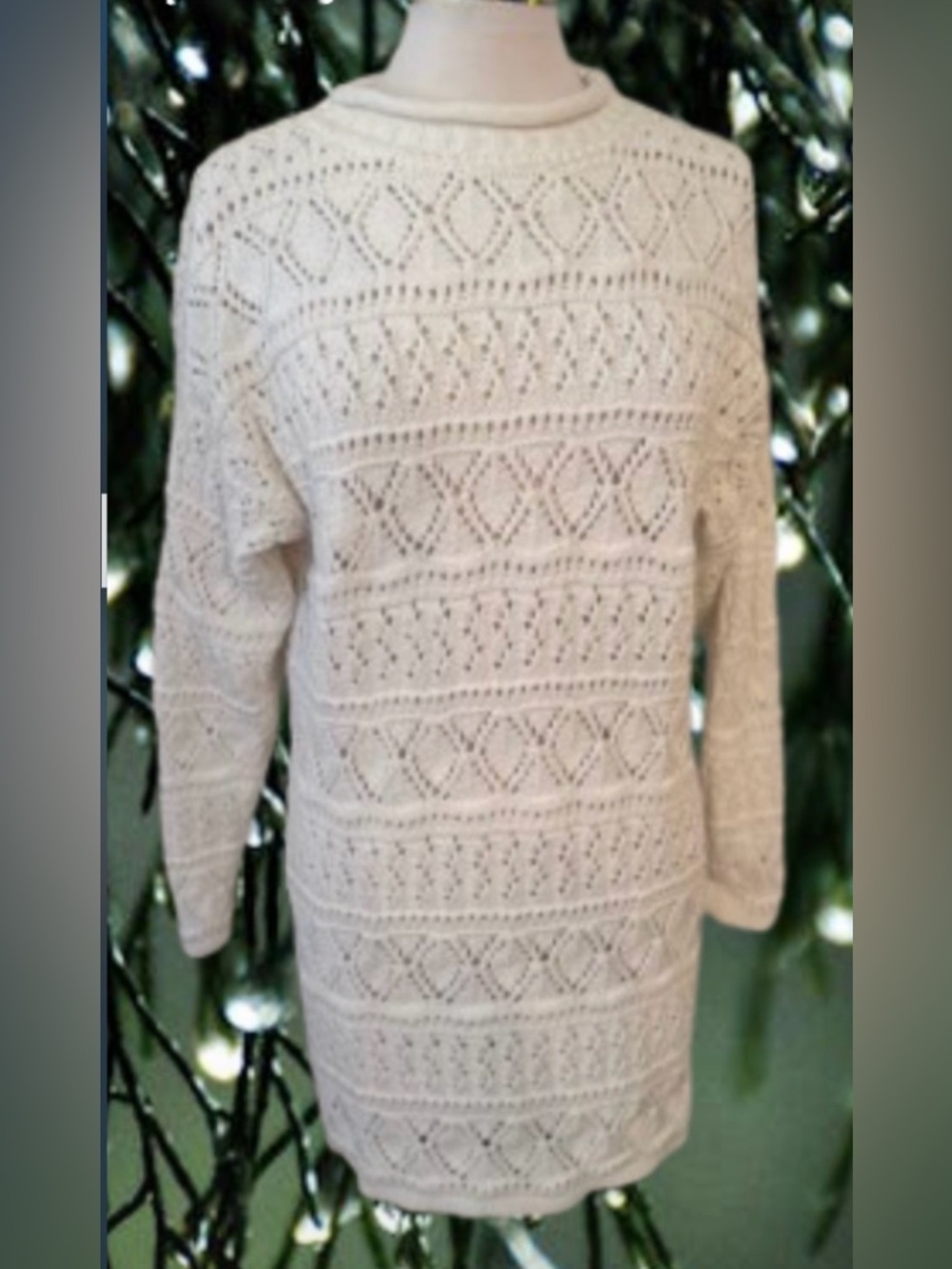 American Knitworks Cream Tunic Sweater Fisherman Long Knit White Pullover M